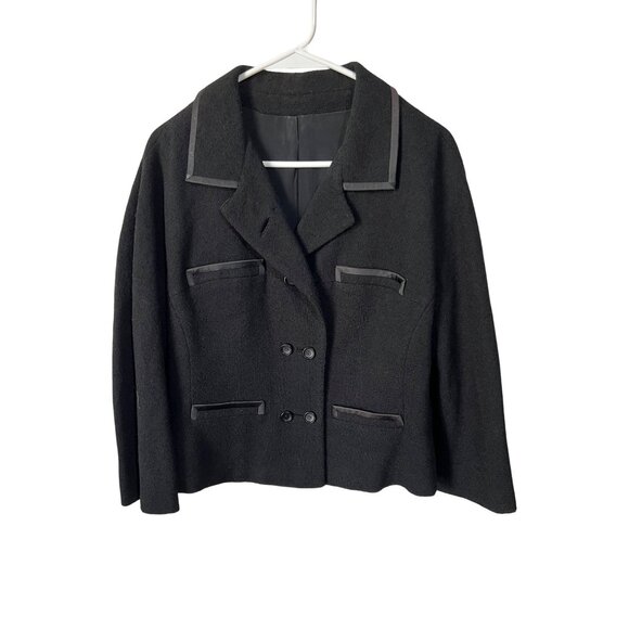 Vintage Frank Gallant Vintage Black Wool Cropped Jacket W/ Satin Trim & Double B - Picture 1 of 10